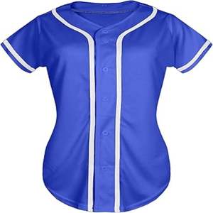 Maillot de baseball bleu pour femme, manches courtes, ajusté, anti-humidité, boutonné sur le devant, couleur unie - Product Image 1