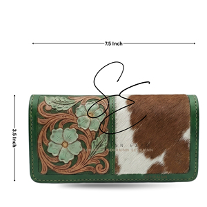 Portefeuille long élégant en cuir vert gaufré avec pochettes pour cartes et espèces, organisateur personnalisé, style cowgirl et gypsy, portefeuille fin - Product Image 3