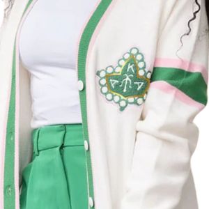 Cárdigan Retro a Rayas Natural para Mujer, Estilo Griego con Letras Tejidas, Botones, Prenda Casual Premium - Product Image 4