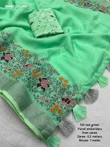 Nouvel arrivage : Saree-Blouse en lin doux avec broderie florale, bordure tissée en Zari argenté et pampilles, fournisseur indien - Product Image 4