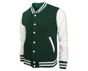 เสื้อแจ็คเก็ตวาร์ซิตี้สีเขียวขาวสำหรับผู้ชาย สไตล์พรีปปี้ ทรงปกติ ผ้าถักโพลีเอสเตอร์ แจ็คเก็ตเบสบอล ปกคอพับ ติดกระดุมแถวเดียว - Product Image 1