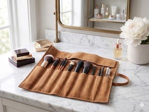 WI-173 Premium Genuine Leather <b>Makeup</b> Brush Holder Roll Travel Cosmetic Organizer Case Professional Beauty <b>Storage</b> Tan Brown. - Product Image 2