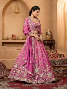 Rani Pink Tissue <b>Lehenga</b> Choli with Zari Embroidery Dupatta Set for Women Wear Sleeveless Floor-Length - Product Image 6