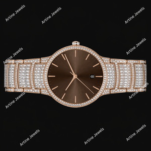 Brown Dial Rose Gold <b>Diamond</b> Iced Out Luxury <b>Watch</b> Stainless Steel Bracelet Fashion Timepiece - Product Image 2