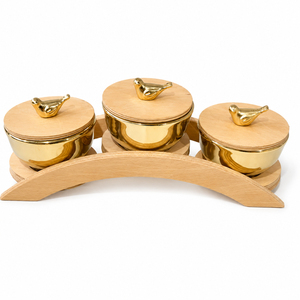 Ensemble de 3 bols classiques dorés avec couvercle et plateau en bois, style moderne, sucrier, récipient à condiments pour le rangement en cuisine - Product Image 6