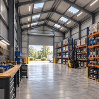Garage préfabriqué en acier, atelier, bâtiment métallique, quatre portes à rouleaux, plafond haut pour le stationnement de véhicules, la réparation et le stockage de pièces détachées