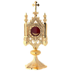 Relicario de latón elegante dorado con centro rojo y cruz superior, forma tradicional de rayos de sol, decoración interior para el hogar, regalos para bautizo y iglesia. - Product Image 5