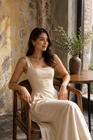 Robe d'été trapèze plissée beige chic pour femme, col carré, taille naturelle, écologique, décontractée, idéale pour les fêtes - Nouvelle collection à succès