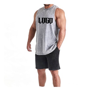 Men's Eco-Friendly 100% Cotton <b>Striped</b> Gym Tank <b>Top</b> O-Neck Knitted Breathable Casual <b>Red</b> Stripe Pattern Front Logo Customized - Product Image 2