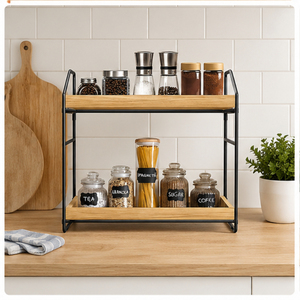 2-Tier <b>Rustic</b> Kitchen Countertop Organizer Metal Spice Rack Standing <b>Shelf</b> for Jars Oil Bottles and Coffee Bar Station Storage - Product Image 6