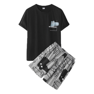 Ensemble de pyjamas d'été décontractés brodés pour hommes FASMIC en Spandex/Coton, col rond, manches courtes, respirant, style vintage uni - Product Image 1