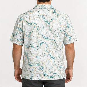 Polo pour homme Trackstar, imprimé marbré crème, turquoise et or, manches courtes, col boutonné, chemise de golf décontractée, logo personnalisé - Product Image 2
