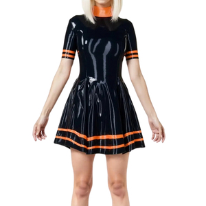 Black <b>Latex</b> A-Line <b>Mini</b> <b>Dress</b> High Neck Short Sleeve Contrast Orange Trim Fitted Party Wear Solid Color - Product Image 1