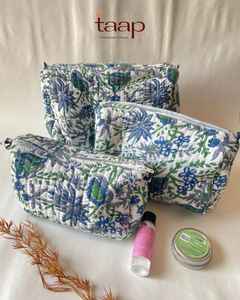 Ensemble de trousses de maquillage et de toilette professionnelles en coton matelassé, imprimé floral indien au bloc, fait main, avec fermeture éclair, imperméables, pour femme - Product Image 2