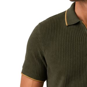 Olive Green Men Knitted <b>Polo</b> Shirt Gold Zipper Short Sleeve Luxury Casual Summer Top Textured Fabric Custom Designer Golf Shirt - Product Image 6