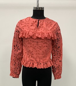Women's <b>Coral</b> Lace Floral Blouse With Ruffles Full Sleeve Bohemian Style O-Neck <b>Top</b> Spring Summer Wear - Product Image 1