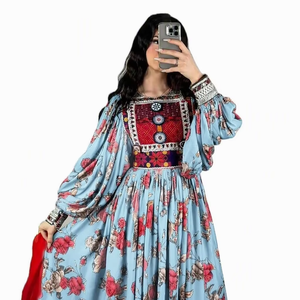 Ensemble de robe en tissu de chiffon naturel, brodée de dentelle, à manches longues, faite à la main, style Kuchi afghan, pour femme, respectueux de l'environnement - Product Image 3