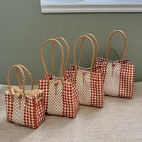 Ensemble de sacs fourre-tout tissés à carreaux pour femmes, sacs à main à motif noir et blanc, poignées en corde, design écologique, prix d'usine Indonésie