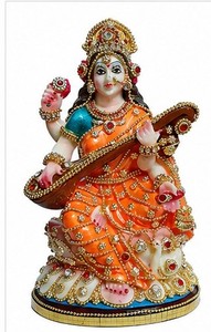 Saraswati Ji Orange Resin Radha Krishna <b>Figure</b> Handmade Traditional Religious Decoration for Diwali Home Office Tabletop Display - Product Image 3
