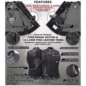 Chaleco Vaquero de Motociclista para Mujer, Modelo MDL4052 'Skelly' en Cuero Negro con Bordado de Calavera, 2025 - Product Image 6