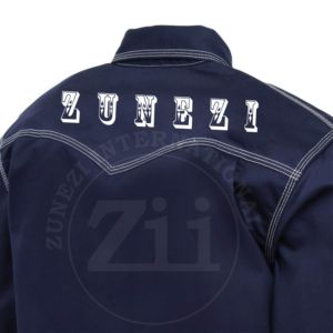 Chemise de travail bleu marine à manches longues avec poches poitrine et surpiqûres contrastées, patch logo ZI, vente en gros, personnalisable, sécurité pour le soudage CAT 2 - Product Image 6