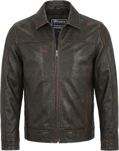 Chaqueta de Motociclista de Cuero Genuino para Hombre, Cuello Camisero, Cierre de Cremallera, Color Marrón Sólido, Largo Regular, para Otoño - Product Image 6