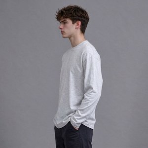<b>Men's</b> 100% Cotton <b>Long</b> <b>Sleeve</b> T <b>Shirt</b> <b>White</b> O Neck Straight Fit Casual Basic Tee Wholesale Apparel Manufacturer Supplier - Product Image 5
