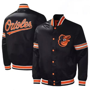 Veste universitaire en satin noir personnalisée pour hommes, veste bomber à bordure contrastée orange, uniforme de baseball en gros - Product Image 1
