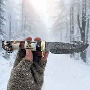 Cuchillos de Caza Hechos a Mano al por Mayor de Acero de Damasco con Hoja Fija y Mango de Cuerno para Supervivencia al Aire Libre y Camping con Funda - ¡Venta Caliente! - Product Image 2