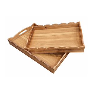 Plateau de service élégant en bois d'acacia festonné avec poignées, plateau décoratif en bois pour le petit-déjeuner, table basse, ottoman, cuisine - Product Image 1