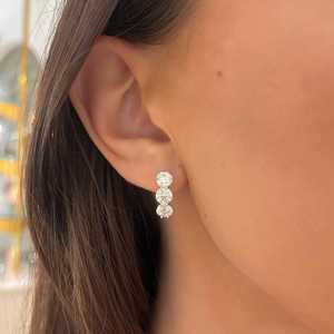 Three Stone <b>Huggie</b> Earring 14K 18K Solid Gold Round Cut Lab Grown Diamond Geometric Prong Set Hinge Hoops Fine Jewelry Wholesale - Product Image 2