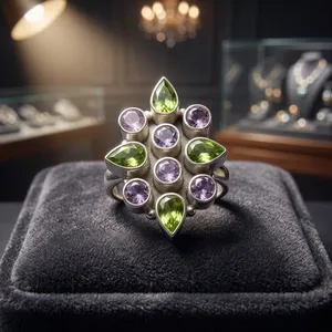 Bague en argent plaqué 925 avec améthyste et péridot en forme de fleur, sertie clos, pierres précieuses naturelles, style moderne, bijoux unisexe - Product Image 3