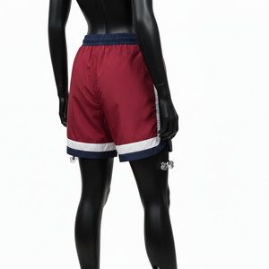 Shorts cortavientos de poliéster ligero de 130 GSM, color granate, blanco y azul marino, con bordado de logotipo personalizado para mujer. - Product Image 3