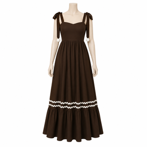 Robe longue marron tissée pour femme avec bretelles à nouer, col cœur, taille smockée et ourlet à volants |   Fête de plage estivale décontractée et élégante - Product Image 1