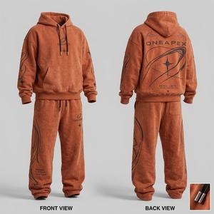 Conjunto de Sudadera con Capucha y Pantalones Deportivos para Hombre, Color Naranja Sólido, Estilo Urbano, con Logotipo Bordado Personalizado, Algodón Grueso - Product Image 3