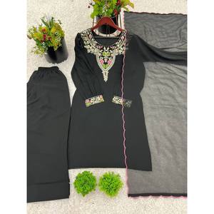 Ensemble haut-plazzo et dupatta pour femmes, vêtements de soirée, avec broderie lourde, look élégant - Product Image 1