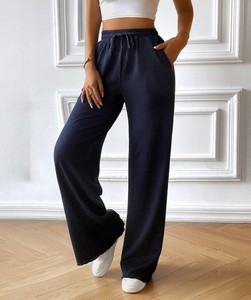 Women's Elastic Waist Solid Color 100% Cotton Canvas Autumn Casual Style Zipper Fly Straight Trousers Pants with Pockets - Product Image 4