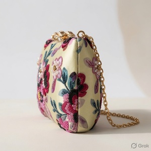 Floral Beaded Clutch with Embroidery Chain Strap Handmade Evening Party <b>Bag</b> Hand Wash - Product Image 2