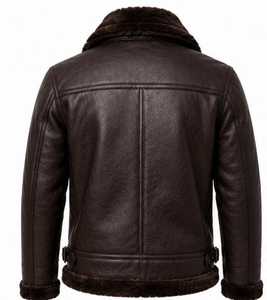 <b>Men's</b> <b>Brown</b> Genuine <b>Leather</b> Biker <b>Jacket</b> With Faux Fur Lining Stand Collar Zipper Closure - Product Image 6