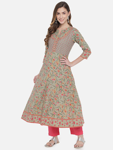 Ensemble Kurti en coton imprimé à la main, robe longue trapèze à manches trois quarts, coupe décontractée ample, tissu tissé respirant - Product Image 5