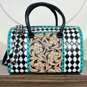 New 2025 Hand Tooled Leather Speedy Duffel Bag Western Black & White Checkered Pattern Handmade Luxury Travel <b>Handbags</b> <b>for</b> Women - Product Image 4