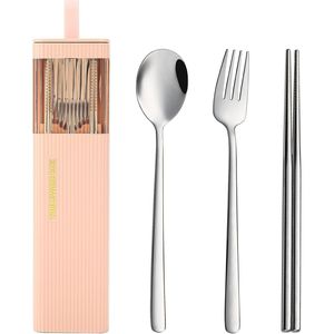Set di posate da viaggio portatile in acciaio inossidabile 18/8, riutilizzabile, con custodia, include forchetta e cucchiaio - Product Image 1