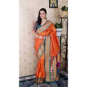 Sari en soie Paithani Bandhani orange tissé avec des fils Zari, écharpe et châle traditionnels indiens - Product Image 5