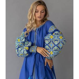Vestido Boho Bordado de Ucrania para Mujer, Azul y Amarillo, Cintura Natural, Casual, 100% Algodón - Product Image 5