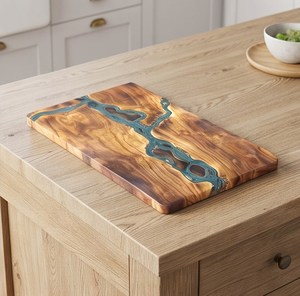 Planche à découper rectangulaire en bois de résine turquoise, design artistique durable - Product Image 5