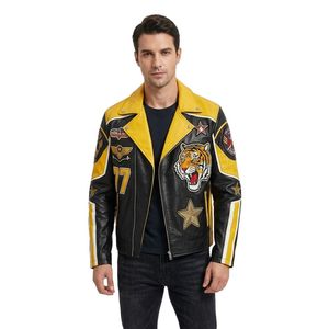Veste en cuir de haute qualité avec patchs, en cuir premium, manches à double rayure violette, insignes, boutons-pression, parka, pulls - Product Image 4