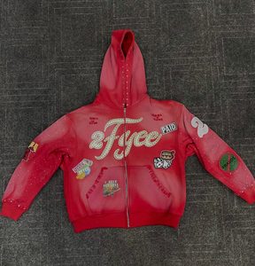High Quality <b>Men's</b> <b>Red</b> Hooded <b>Sweatshirt</b> Oversized Streetwear Puff Printed Logo Front Pocket Design Rhinestones Zipper Hoodie - Product Image 1