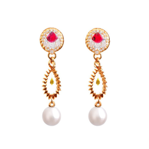 Boucles d'oreilles chandelier Jhumki traditionnelles en pierre Pota et perles plaquées or glamour - Style ethnique bohème vintage classique - Product Image 2