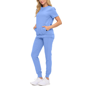 Conjunto de uniforme médico azul claro para mujer: blusa de manga corta y pantalón con cintura elástica, tejido de mezcla de algodón, apto para detección de agujas. - Product Image 6