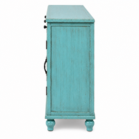 Buffet de rangement artisanal sur mesure en bois de manguier massif sculpté en forme de palmier, éco-responsable, de style traditionnel et antique, avec turquoise, 4 compartiments